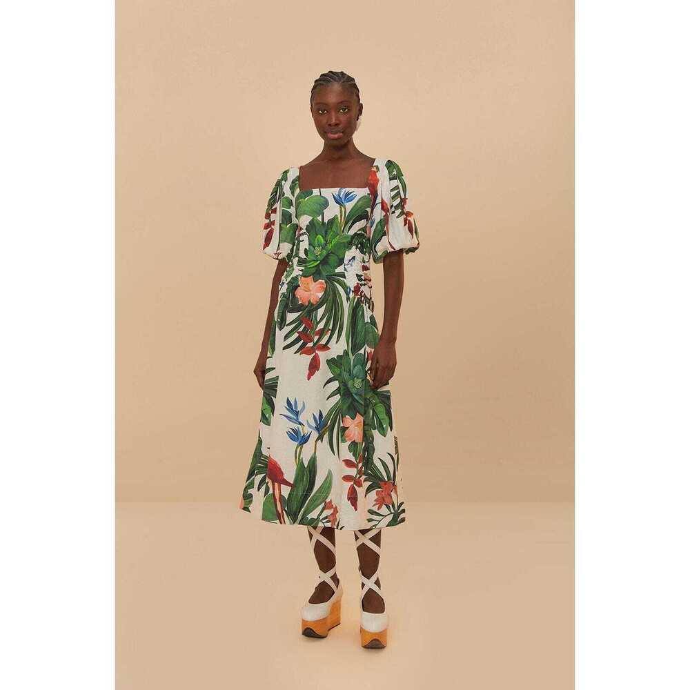 FARM RIO Off-White Midnight Macaw Fiesta Midi Dress NWT